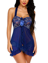 Damen Sexy Spitzen-Minikleid Perspektive Nachtwäsche Kleid Nachtwäsche Pyjamas Neckholder Dessous Sets Nachthemd mit G-String